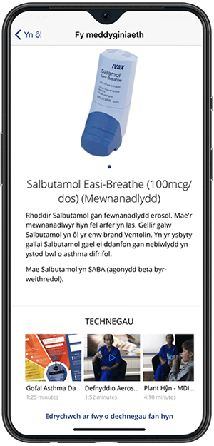 Asthmahub For Parents mobile phone screen in Welsh.